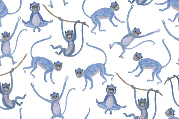 Blue funny monkeys - watercolor painting seamless pattern. - 422215621