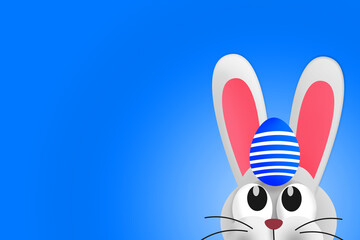 Cute Easter bunny with Easter egg on his head. Copy space. Colorful illustration 