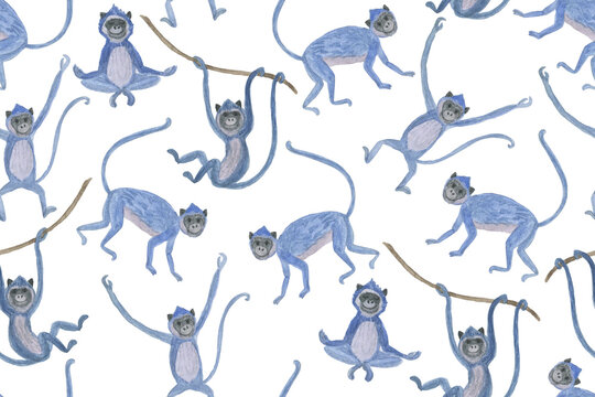 Blue funny monkeys - watercolor painting seamless pattern.
