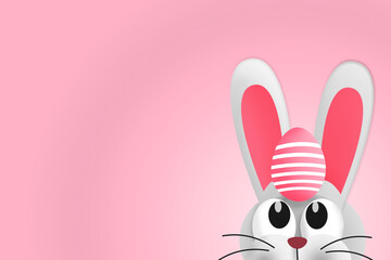 Cute Easter bunny with Easter egg on his head. Copy space. Colorful illustration 