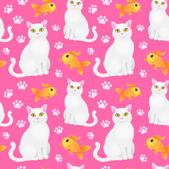 Seamless pattern with white cat and goldfish. 