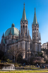 View of Se Metropolitan Cathedral in Sao Paulo, Brazil. Se Cathedral was constructed in 1913 in Neo...