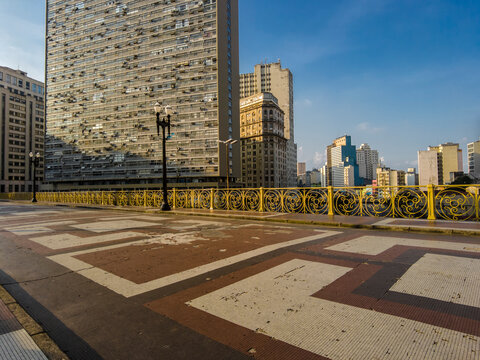 View of the Santa Ifigenia Viaduct with skyscraper building in the background, during the lockdown, to prevent Covid-19 in downtown Sao Paulo