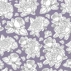 Vector hand drawn white rose seamless pattern background on light violet surface