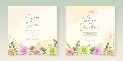 Modern wedding invitation design with colorful blooming floral