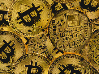 Golden coins with bitcoin symbol., Bitcoins Digital Technology Business Internet.