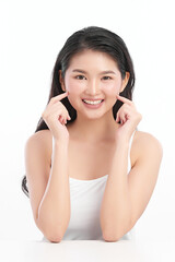 Fototapeta premium Beautiful young asian woman with clean fresh skin on white background, Face care, Facial treatment, Cosmetology, beauty and spa, Asian women portrait