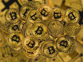 Golden coins with bitcoin symbol., Bitcoins Digital Technology Business Internet.