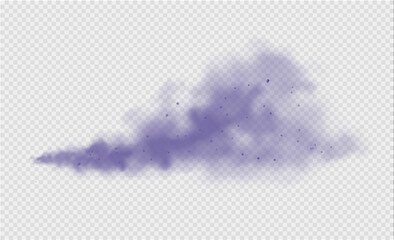 Purple dust or fog. Abstract purple powder explosion with particles. Violet smoke or dust isolated on light transparent background. Abstract mystical gas. Vector illustration.