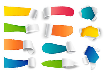 Isolated sheets of torn white paper on a colorful background.
