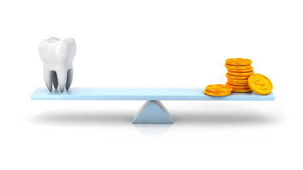 Scales with a tooth and money. Choosing between health and savings. 3d render