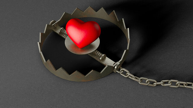 Heart in a trap. Red heart bait in a trap. 3d render