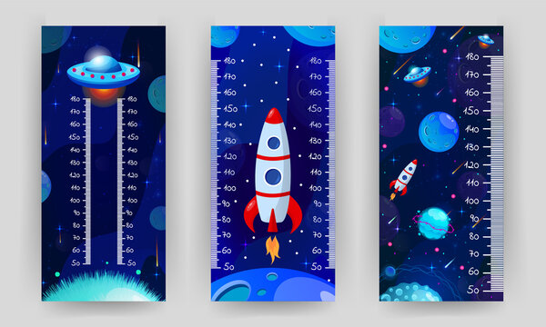 Kids space height chart. Cosmic wall meter with flying astronaut, rocket and fantasy planets. Vector illustration in cartoon style. Childish growth chart. Poster template for nursery design.