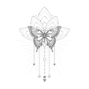 Vector illustration with hand drawn butterfly and Sacred geometric symbol on white background. Abstract mystic sign. Black linear shape. 