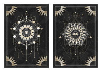 Vector dark illustrations with sacred geometry symbols, grunge textures and frames.  Images in black, white and gold.