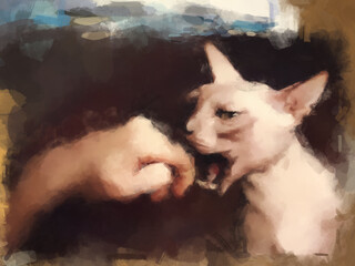 A Sphinx cat tries to grab a man's hand with its teeth. Oil painting.