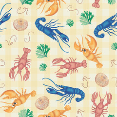 Lobster dinner table vector repeat pattern. Vector illustration 