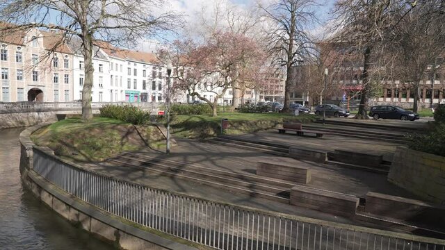 Empty terraces at Dijle river (Dijleterrassen) in Leuven, Belgium. No people due to COVID-19 pandemic