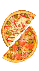 Pizza, two halves isolated on a white background. Versus concept. Appetizing pizza.