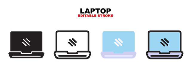 Laptop icon set with different styles. Editable stroke and pixel perfect. Can be used for web, mobile, ui and more.