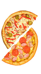 Pizza, two halves isolated on a white background. Versus concept. Appetizing pizza.
