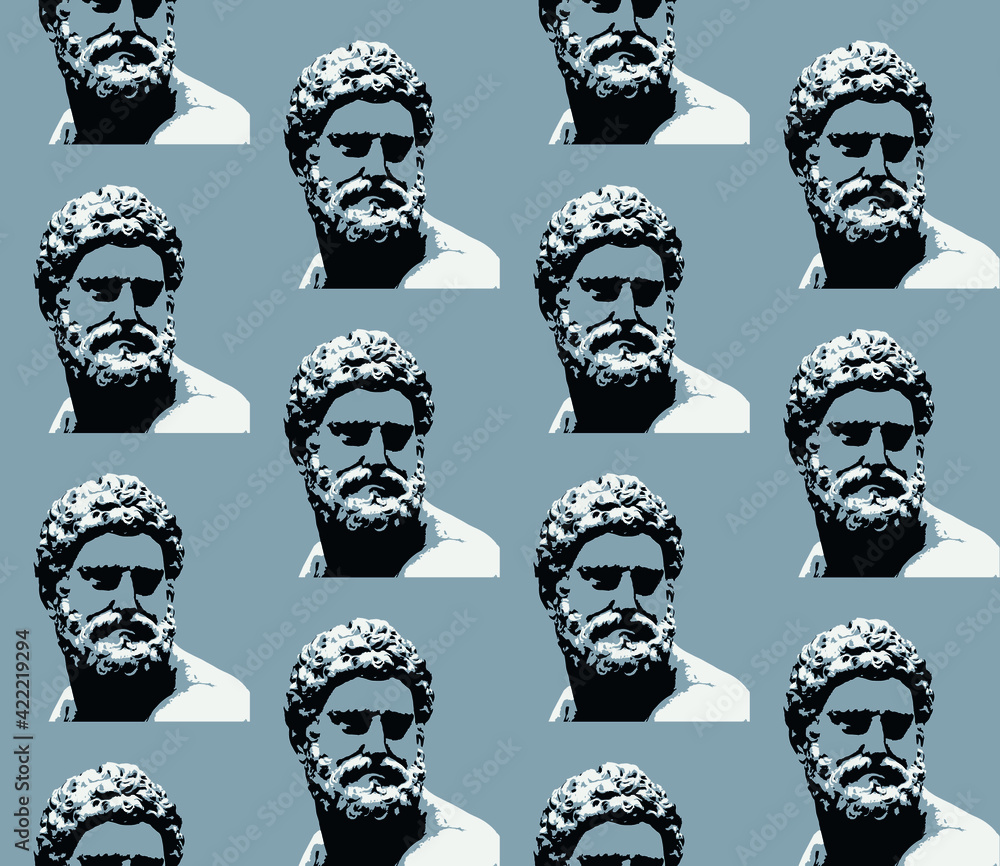Poster spring seamless geometric pattern featuring antique statues, men. vector design for web banner, busi