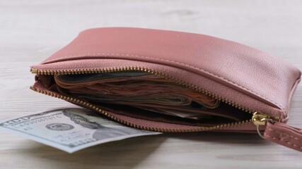 pink wallet with a hundred dollar bill and a lot of money. Finance, expenses and income concept 