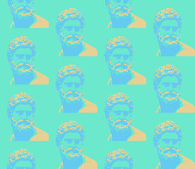 Spring seamless geometric pattern featuring antique statues, men. Vector design for web banner, business presentation, brand package, fabric, print, wallpaper, postcard.