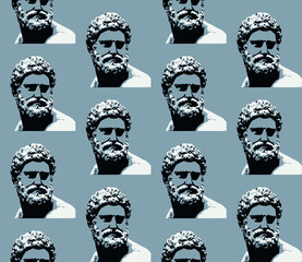 Spring seamless geometric pattern featuring antique statues, men. Vector design for web banner, business presentation, brand package, fabric, print, wallpaper, postcard.