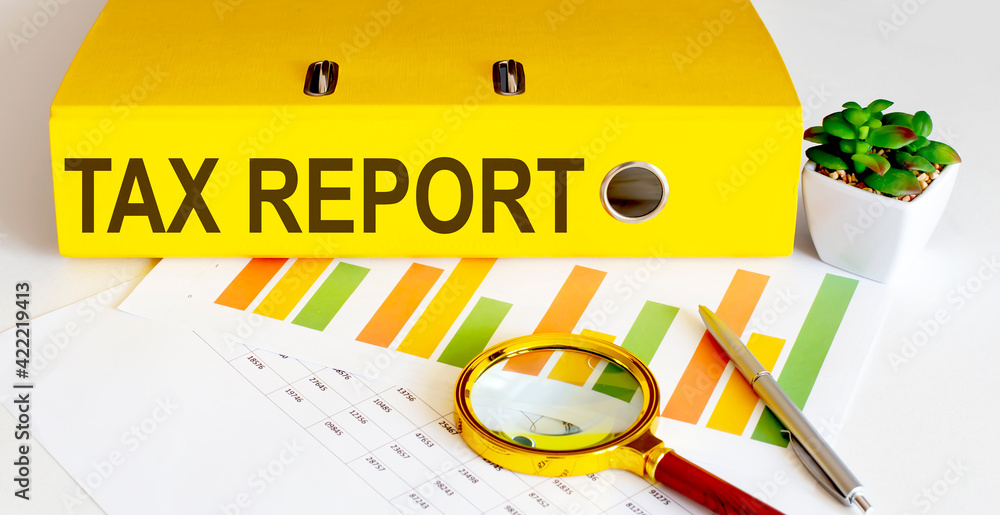 Poster office folder with text tax report with charts, magnifier and pen