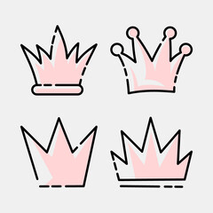 Doodle set crown line art, vector illustration.
