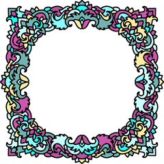 Abstract mandala frame. Asian leaves pattern. Blue and purple authentic background. Vector illustration.