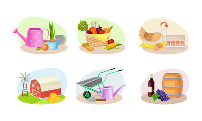 Farming Composition with Agricultural Crops and Farming Inventory Vector Set