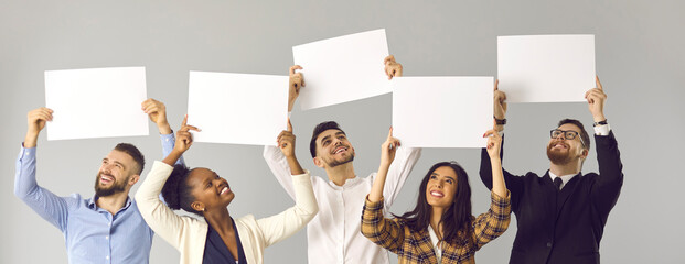 Banner with group of five happy smiling diverse people, colleagues or friends, expressing opinion...