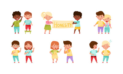 Little Kid Characters Playing Fair and Honestly Vector Illustration Set