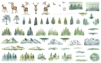 Fotobehang Bergen Watercolor Forest tree illustration. Mountain landscape. Woodland pine trees. Green Forest. Deer.