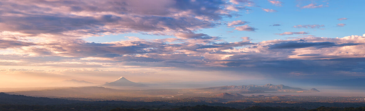 Beautiful panoramic landscape photo with a wonderful view of Momotombo volcano, Nicaragua