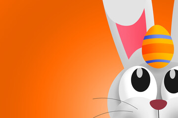 Cute Easter bunny with Easter egg on his head. Copy space. Colorful illustration 