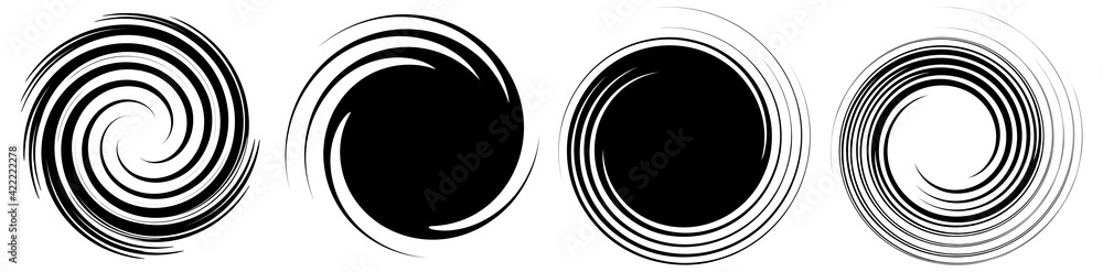 Poster Revolved whirlpool, whirlwind design element. Radial shape with rotation, gyre effect. Curvy burst lines
