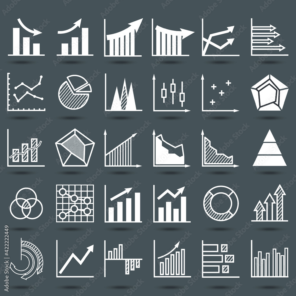 Poster set of business finance graph icon. silhouette object statistics finance presentation. variety flat 