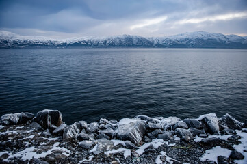 Lake Sevan on a cold winter morning, Gegharkunik province, Armenia - 422222634