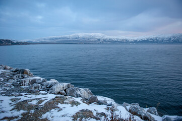 Chilly morning on the shore of Lake Sevan in Armenia