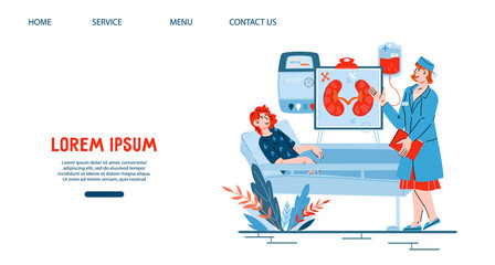 Hemodialysis and peritoneal dialysis website template showing procedure to treat kidney. Kidney failure treatment clinic webpage, cartoon vector illustration.
