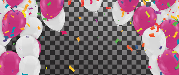 Birthday and celebration banner colorful balloons, falling confetti for poster, invitation