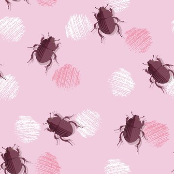 Entomological Seamless pattern with spots and insects. Vector illustration. Paper and textile design. Beetles. Pink and white colors.