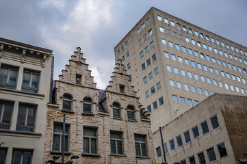 Contrast between old and modern buildings in the center of Antwerp in Belgium - 422224093