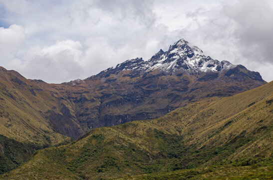 Cotacachi volcano peak with snow, Andes mountains near Otavalo and Quito, Ecuador.