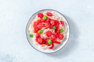 Konjac pasta with tomatoes, a healthy vegan dish