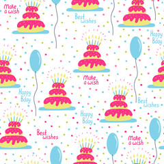 Vector seamless pattern with birthday cakes and balloons. Best wishes, make a wish and happy bday hand drawn letterings. Great for fabrics, baby clothes, wrapping papers. Bright colors.
