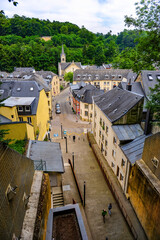 Luxembourg city, Luxembourg - July 15, 2019: Narrow street in the old town of Luxembourg city in Europe - 422225410